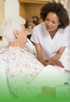 nurse and elderly woman talking